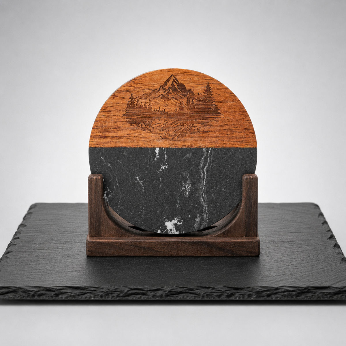 High Summit Tea's Wooden and Black marble coaster, held up by a wooden holder