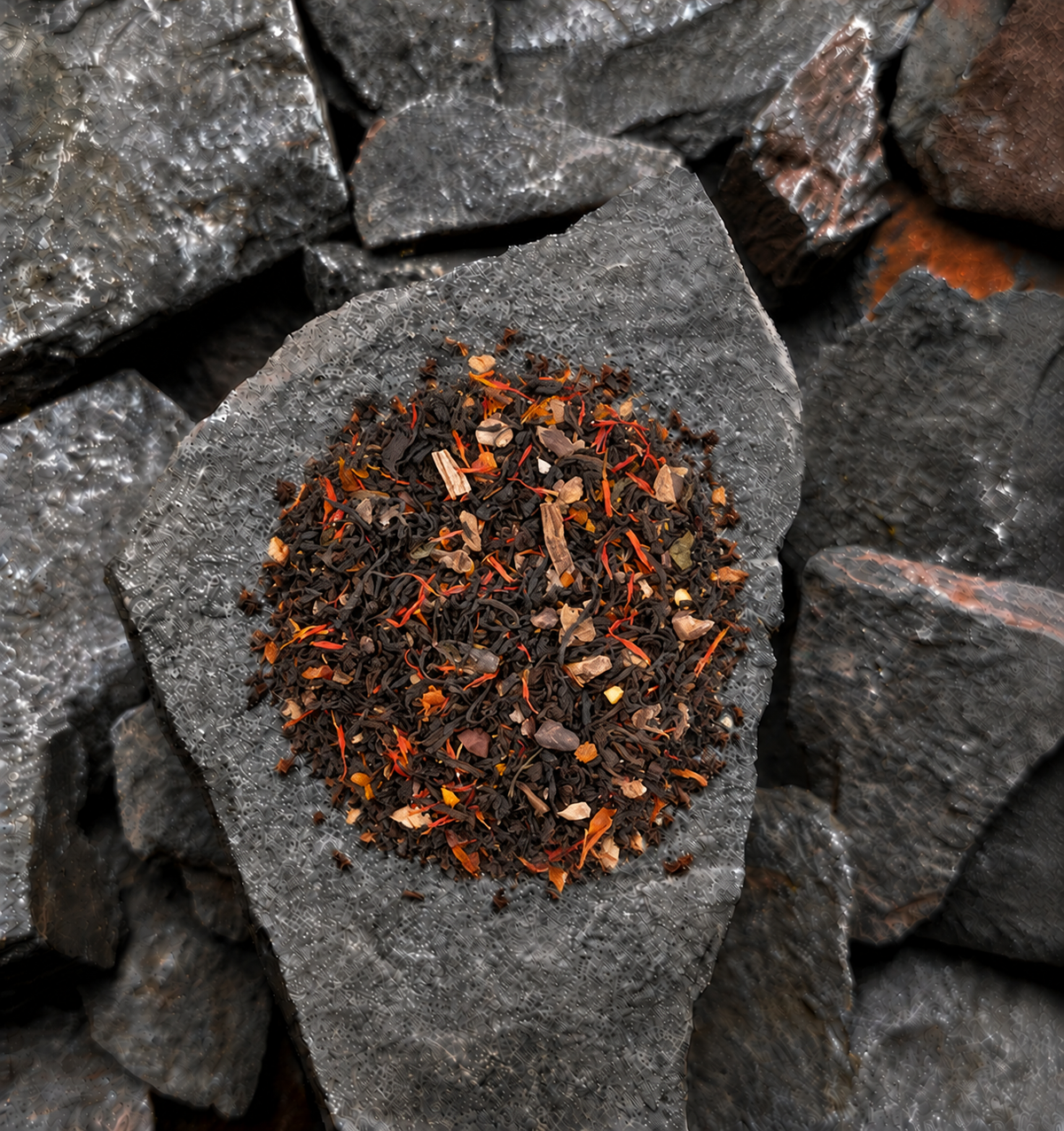 A pile of High Summit Tea Co Chilli Chocolate loose-leaf flavoured black tea with dark brown leaves and bright orange-red spice pieces, arranged on a dark grey slate arrangement