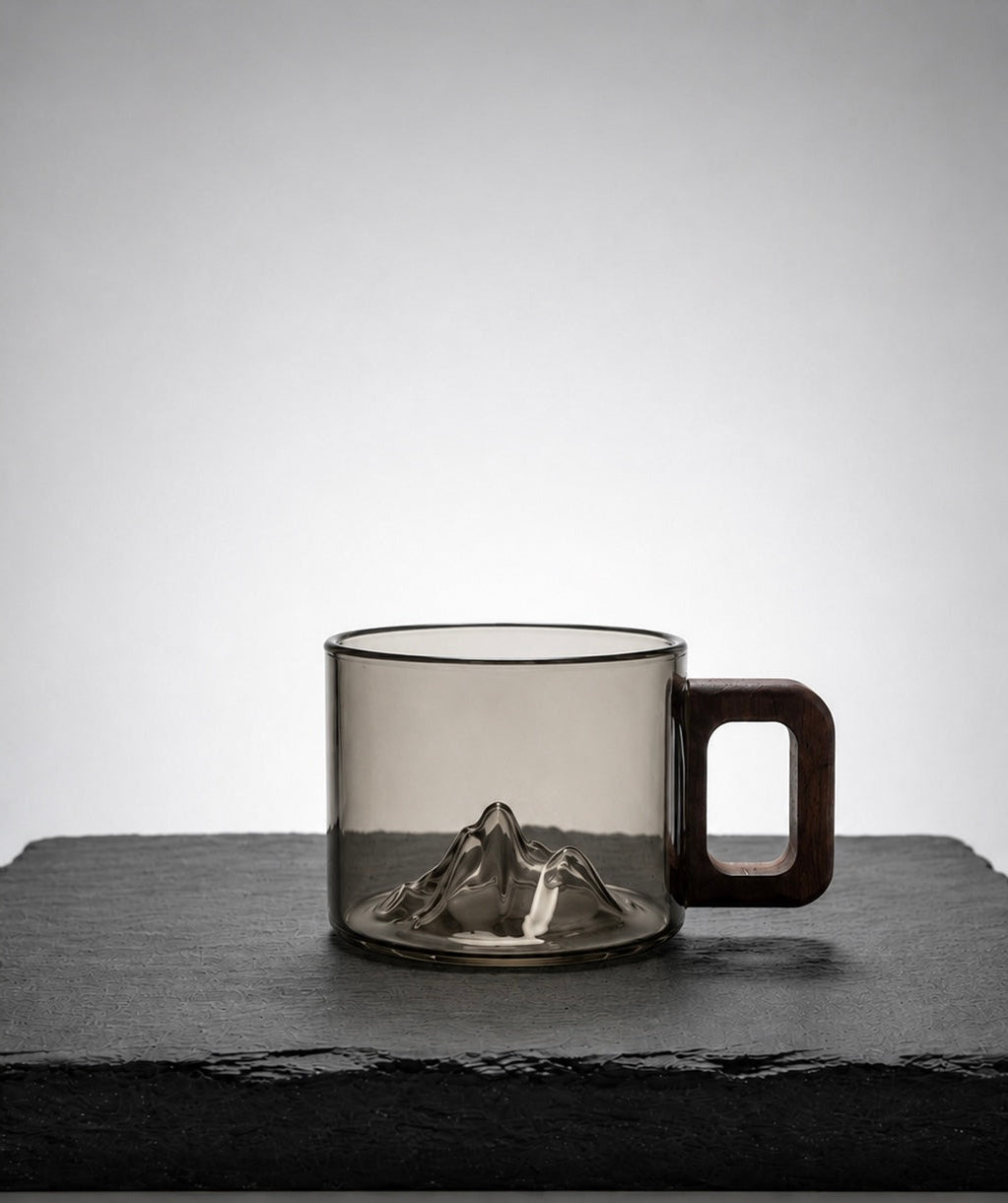 Mountain Teacup with sculpted mountain silhouette and wooden handle