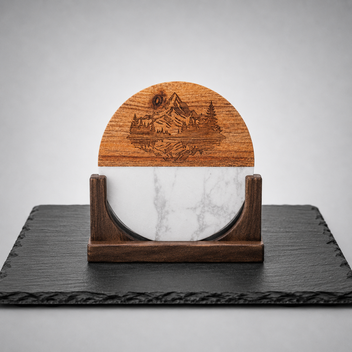 High Summit Tea black marble and wood coaster