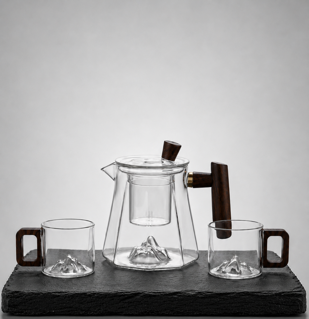 High Summit Tea Mountain Teapot Set with glass teapot and two cups